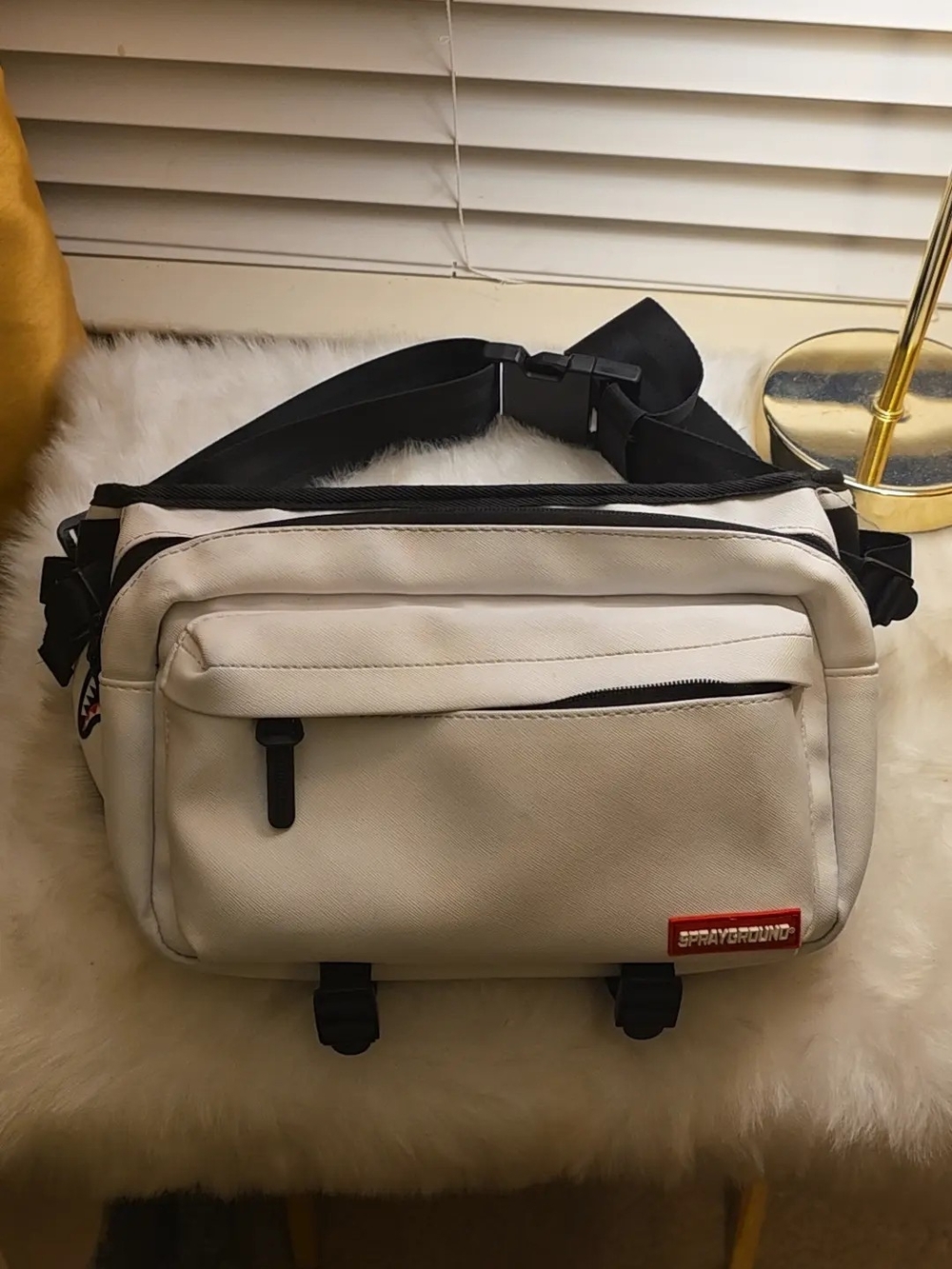 Sprayground White Belt Bag with Black Strap and Red Logo UNISEX